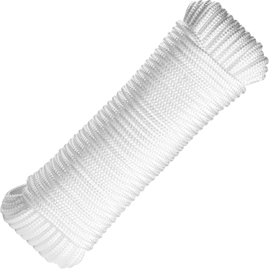 50 Ft White Nylon Rope 1/4 inch - Multipurpose Outdoor Rope for Marine, Camping, Laundry Line, and More - Durable Flag Pole Replacement Rope - RamPro
