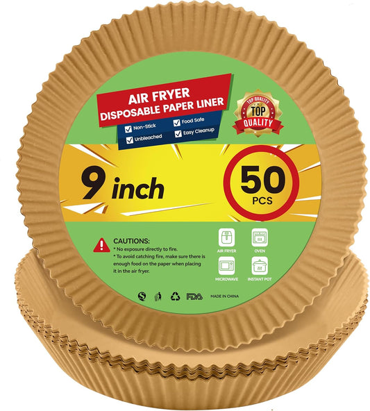 50 Pack 9 Inch Disposable Air Fryer Liners for 8-10QT Round Fryers - Thickened Parchment Paper for Baking and Cooking