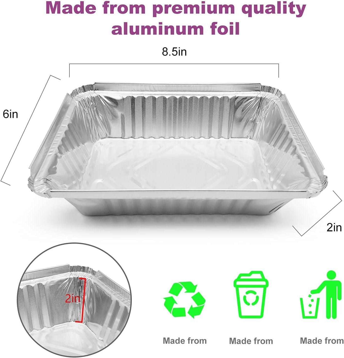 50 Pack Aluminum Pans with Lids, 2.25 LB Foil Pans for Cooking, Baking, Meal Prep, Freezer - 8.5"×6"×2" Size
