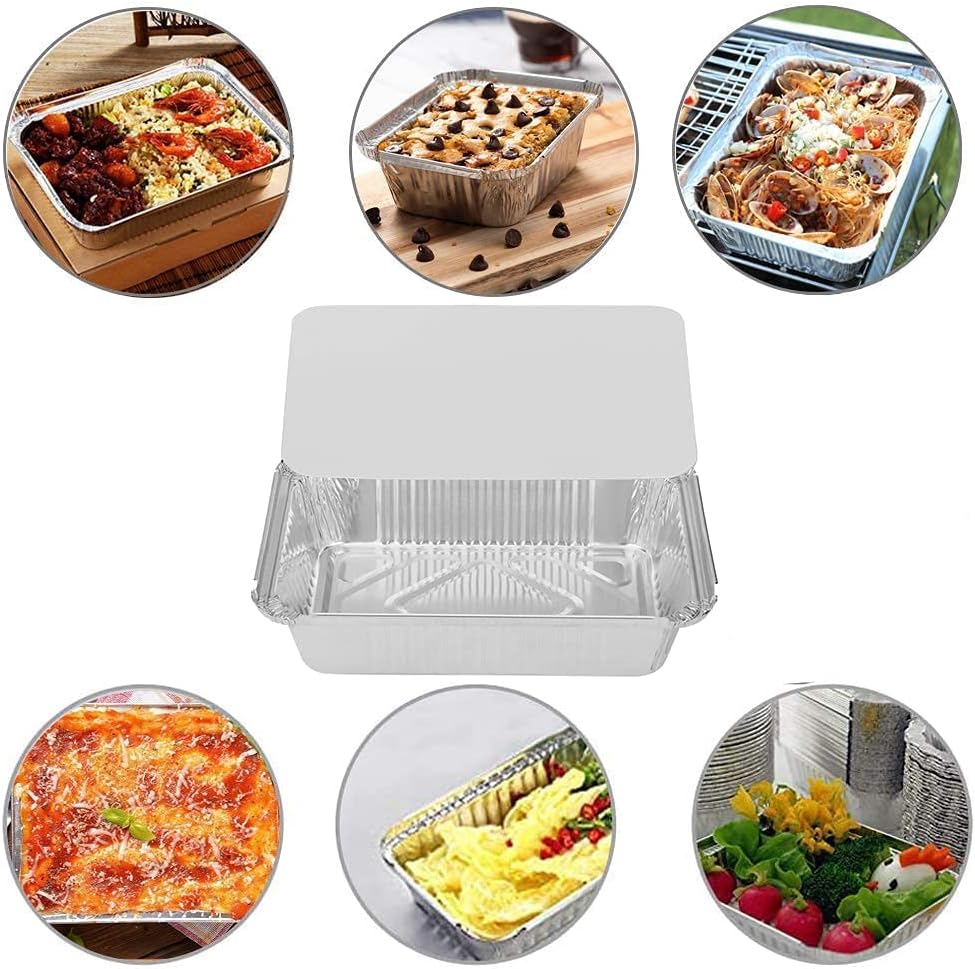 50 Pack Aluminum Pans with Lids, 2.25 LB Foil Pans for Cooking, Baking, Meal Prep, Freezer - 8.5"×6"×2" Size