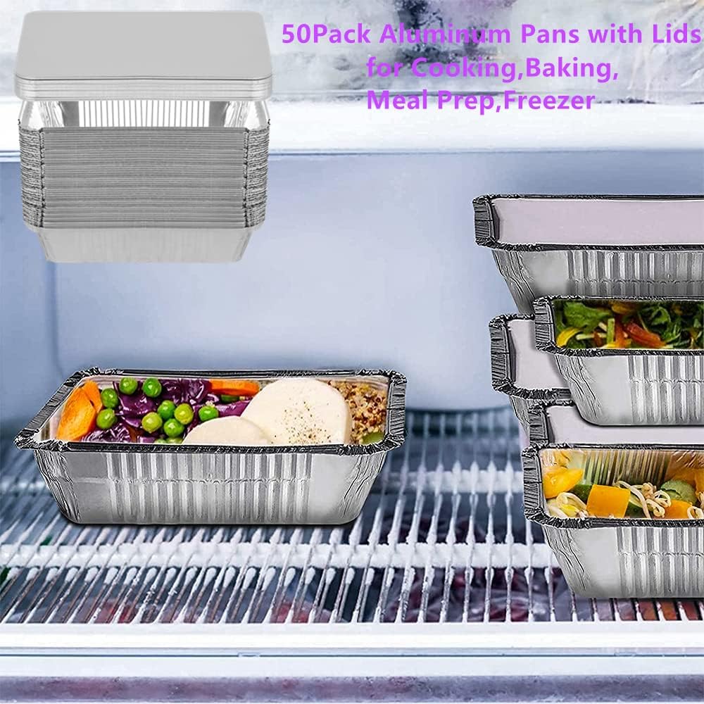 50 Pack Aluminum Pans with Lids, 2.25 LB Foil Pans for Cooking, Baking, Meal Prep, Freezer - 8.5"×6"×2" Size