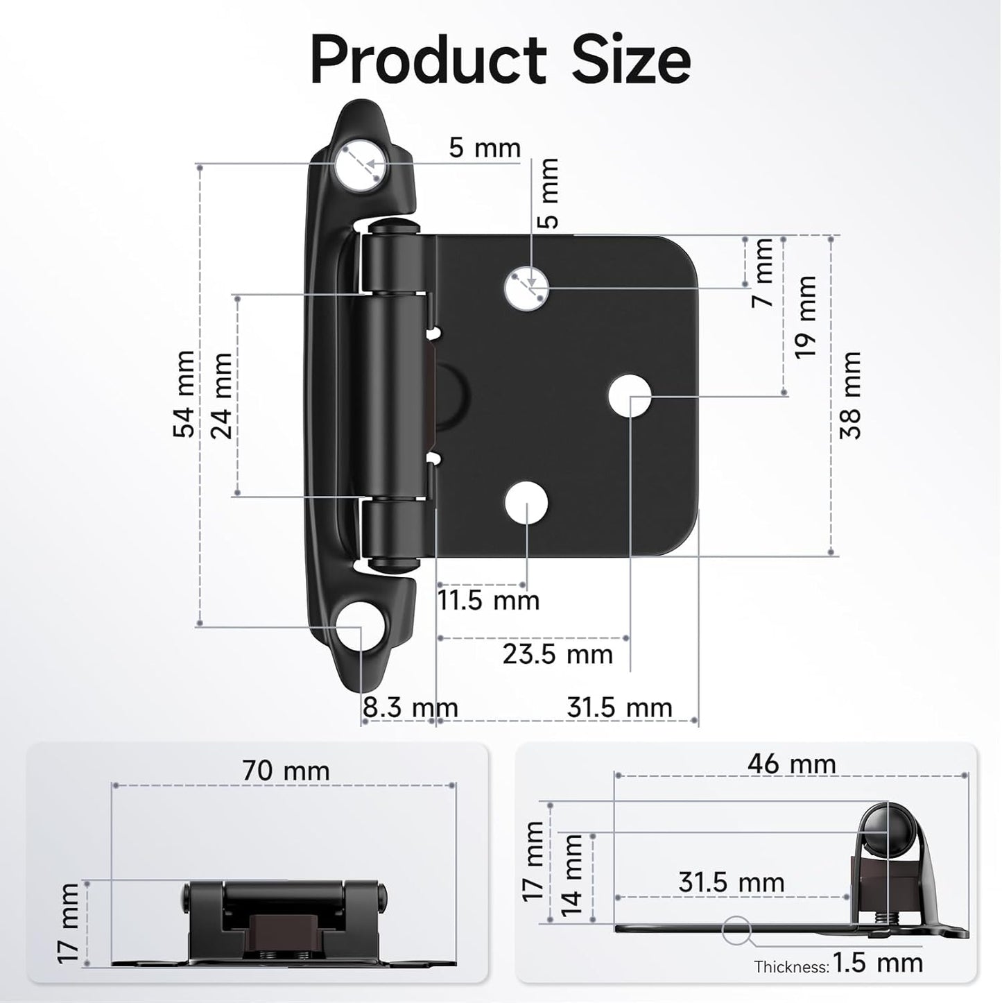 50 Pack Black Cabinet Hinges for Kitchen Cabinet Doors - Self Closing Flush Mount Hinges with Bumper - 1/2" Overlay