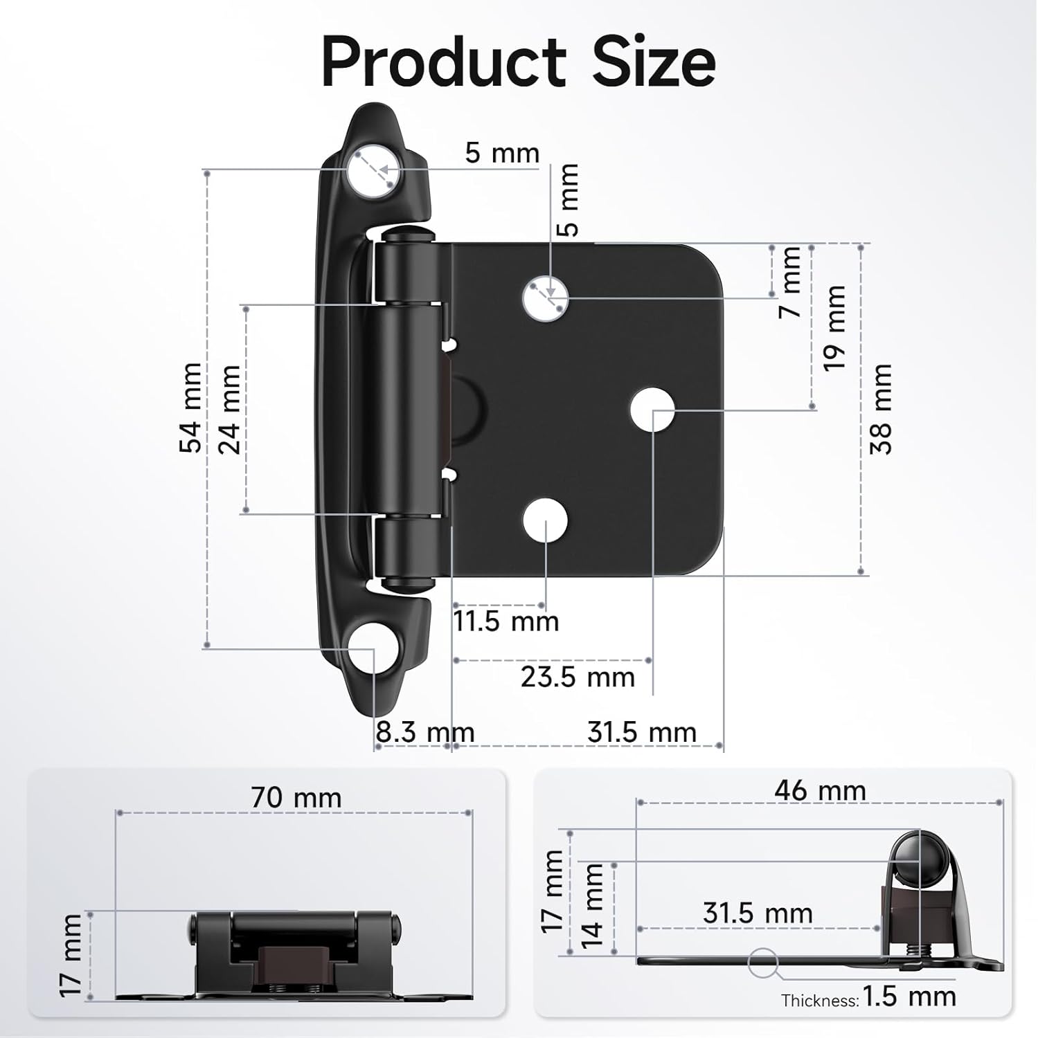 50 Pack Black Cabinet Hinges for Kitchen Cabinet Doors - Self Closing Flush Mount Hinges with Bumper - 1/2" Overlay
