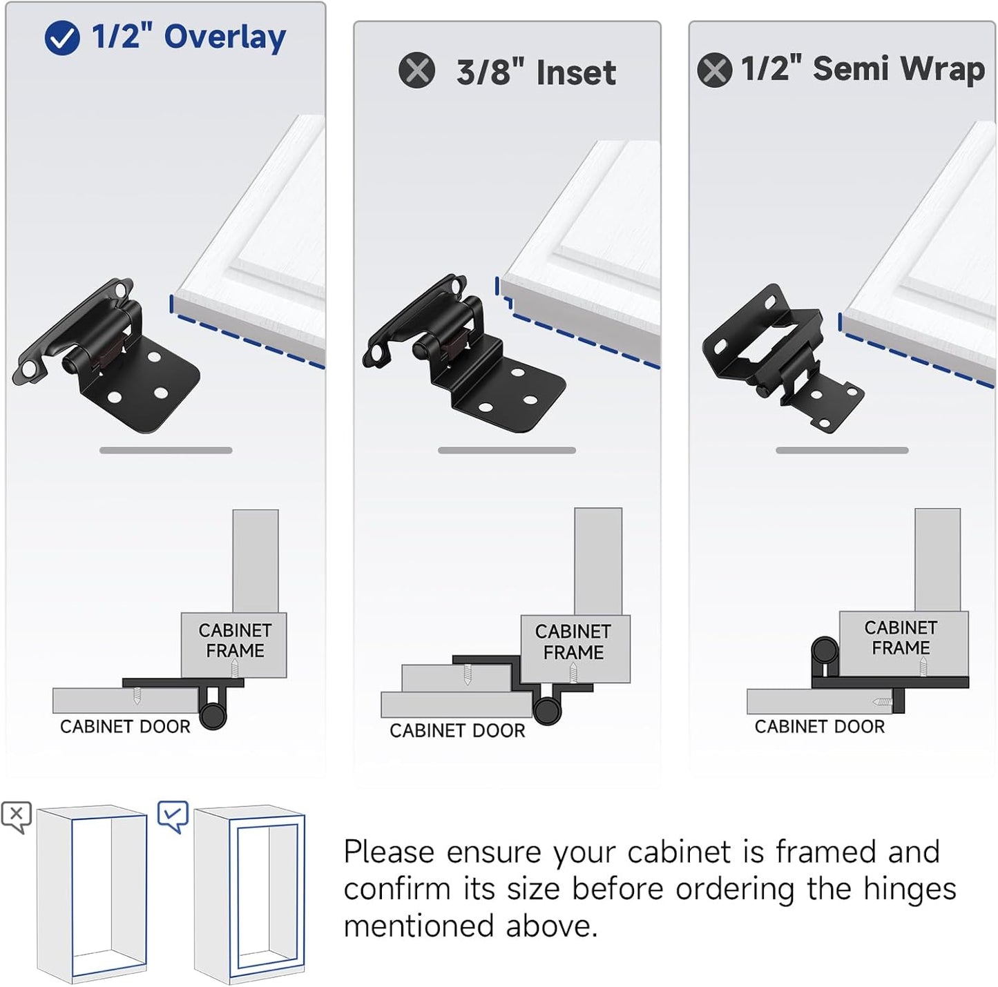 50 Pack Black Cabinet Hinges for Kitchen Cabinet Doors - Self Closing Flush Mount Hinges with Bumper - 1/2" Overlay