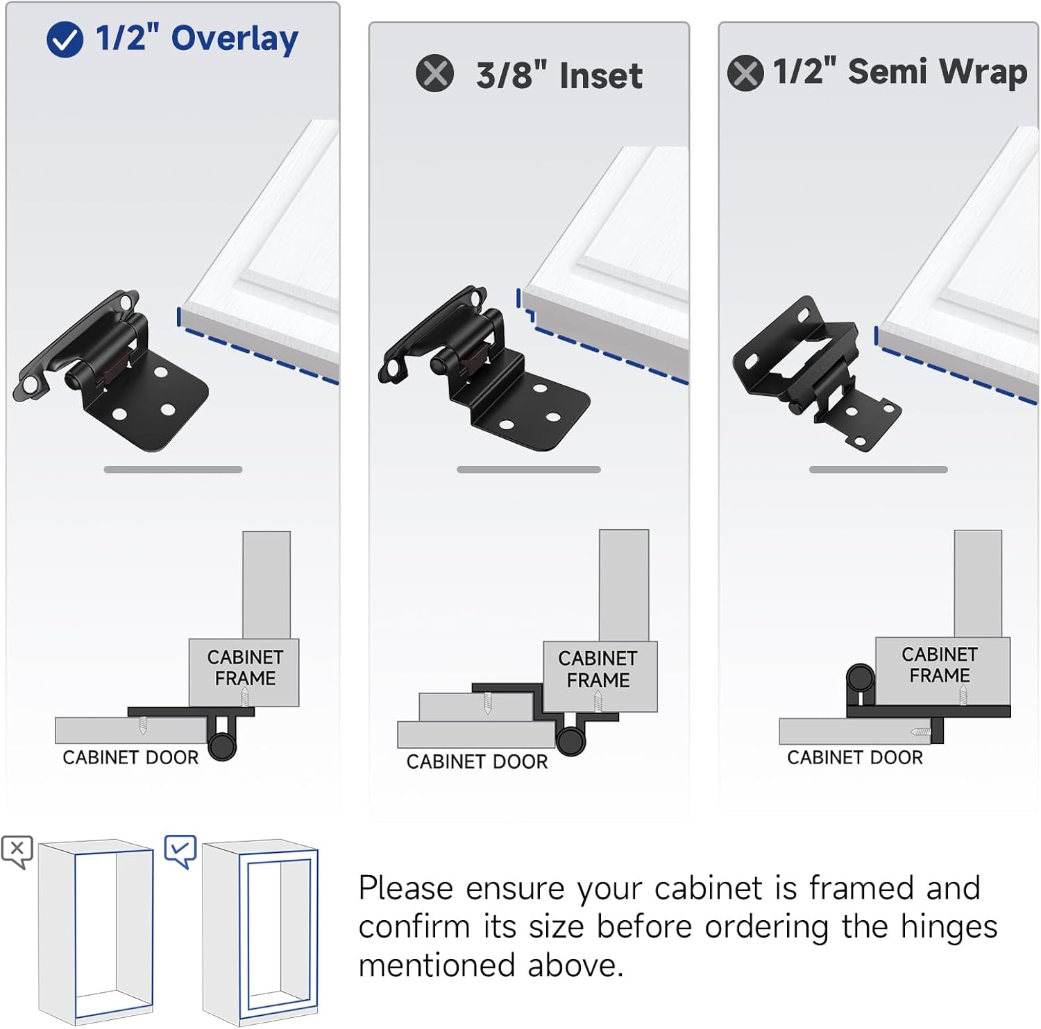 50 Pack Black Cabinet Hinges for Kitchen Cabinet Doors - Self Closing Flush Mount Hinges with Bumper - 1/2" Overlay