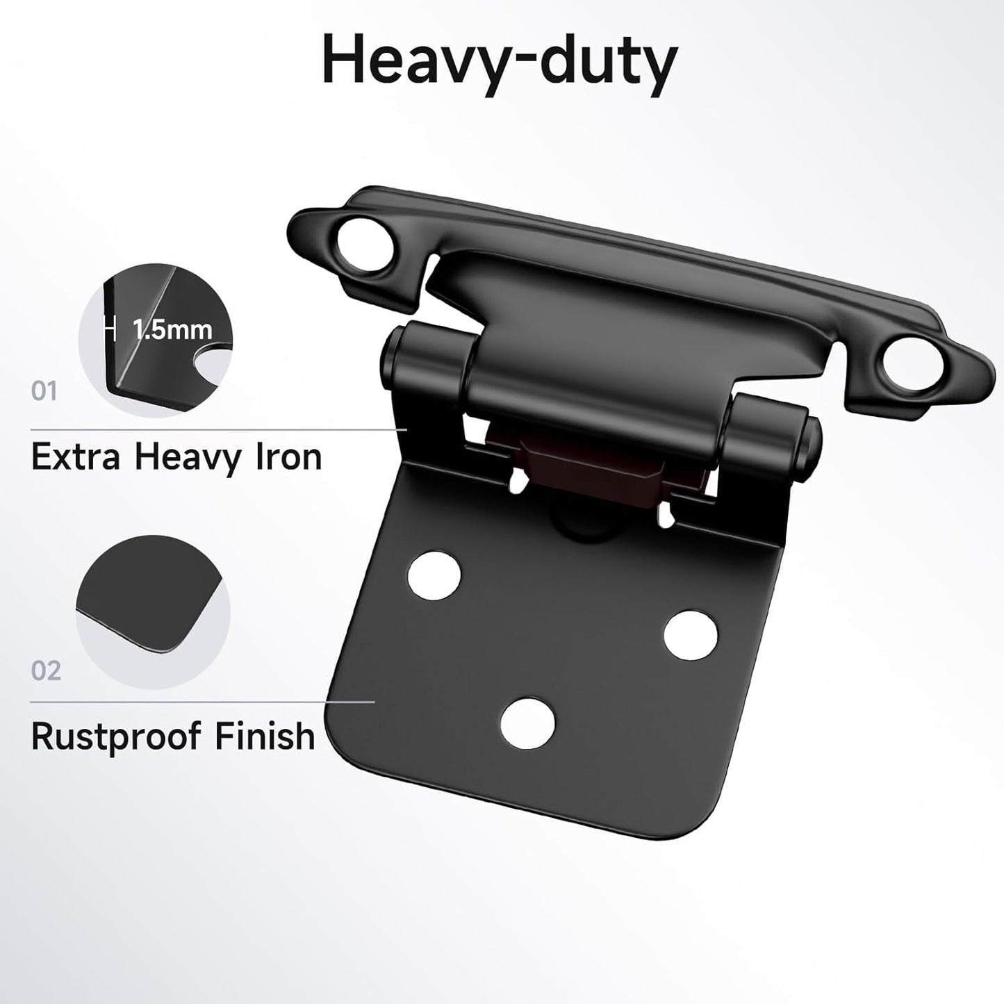 50 Pack Black Cabinet Hinges for Kitchen Cabinet Doors - Self Closing Flush Mount Hinges with Bumper - 1/2" Overlay