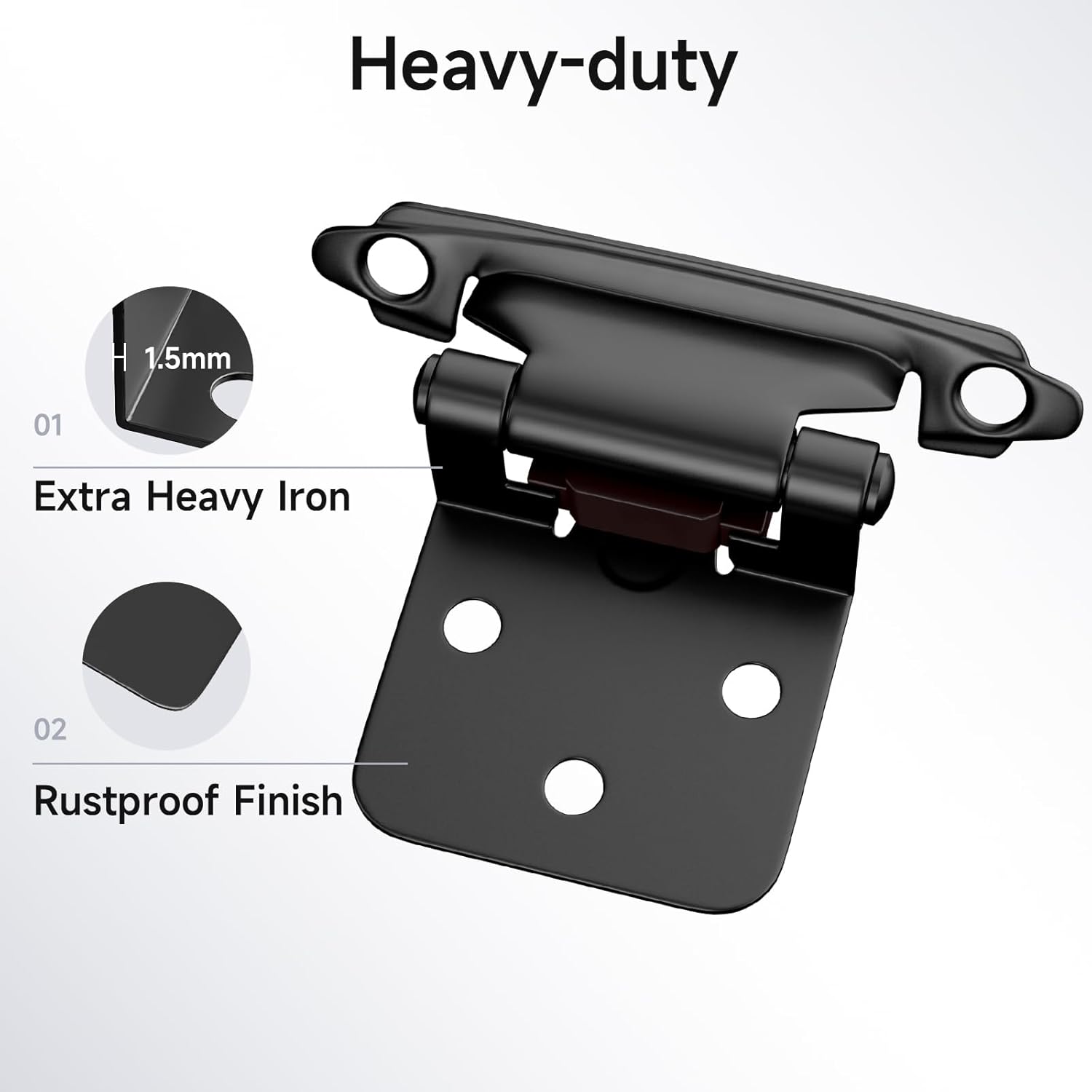 50 Pack Black Cabinet Hinges for Kitchen Cabinet Doors - Self Closing Flush Mount Hinges with Bumper - 1/2" Overlay