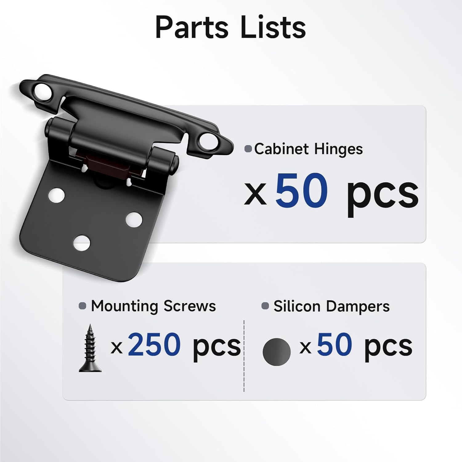 50 Pack Black Cabinet Hinges for Kitchen Cabinet Doors - Self Closing Flush Mount Hinges with Bumper - 1/2" Overlay
