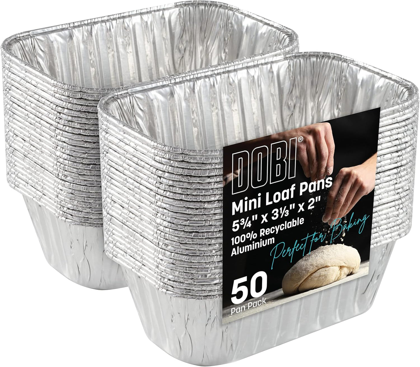 50-Pack DOBI Aluminum Mini Loaf Pans - Disposable Foil 1 lb Baking Pans - Small Bread Tins - 6" x 3.5" x 2