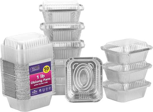 50-Pack Nicole Home Collection 1LB Aluminum Pans with Plastic Dome Lids - 5"x4" Oblong To-Go Containers - Disposable Foil Pans for Catering, Meal Prep, Baking - Freezer Safe