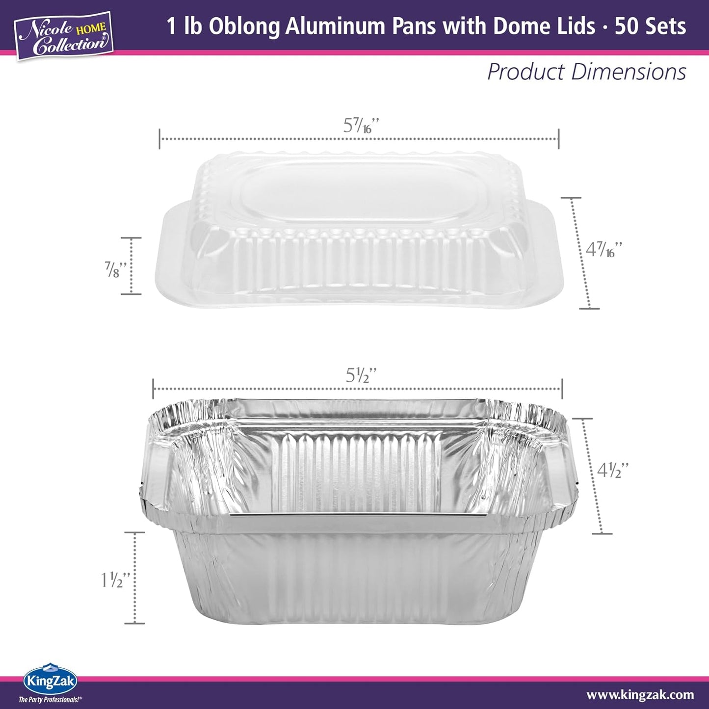 50-Pack Nicole Home Collection 1LB Aluminum Pans with Plastic Dome Lids - 5"x4" Oblong To-Go Containers - Disposable Foil Pans for Catering, Meal Prep, Baking - Freezer Safe