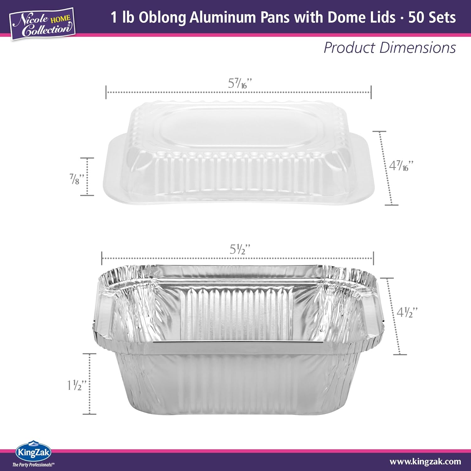 50-Pack Nicole Home Collection 1LB Aluminum Pans with Plastic Dome Lids - 5"x4" Oblong To-Go Containers - Disposable Foil Pans for Catering, Meal Prep, Baking - Freezer Safe