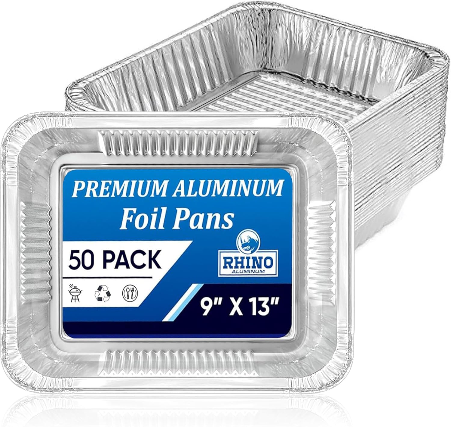 50 Pack of Rhino Aluminum Disposable Foil Pans - 9x13 Heavy Duty Deep Baking Trays for Cooking, Roasting, Grilling, and Food Prep