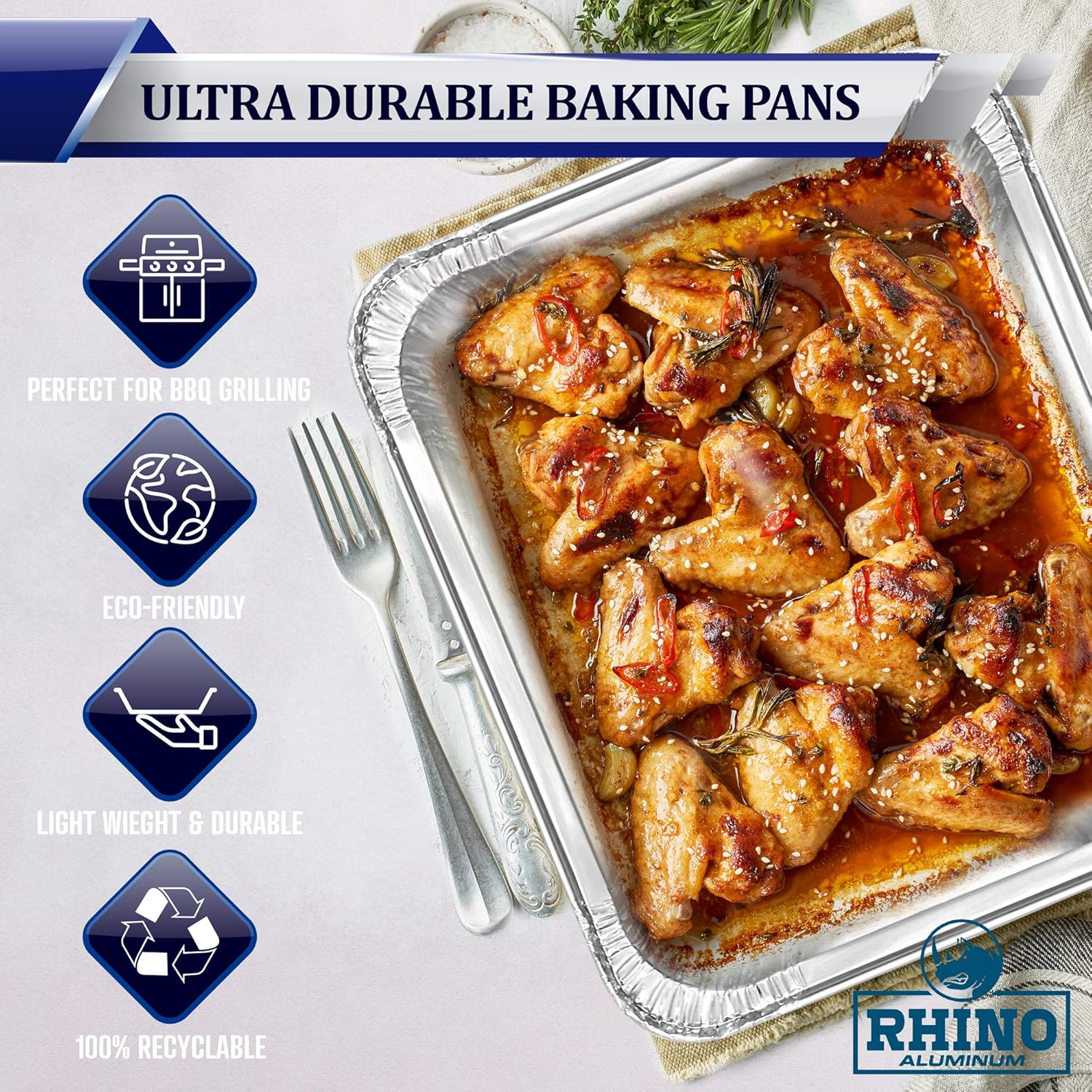 50 Pack of Rhino Aluminum Disposable Foil Pans - 9x13 Heavy Duty Deep Baking Trays for Cooking, Roasting, Grilling, and Food Prep
