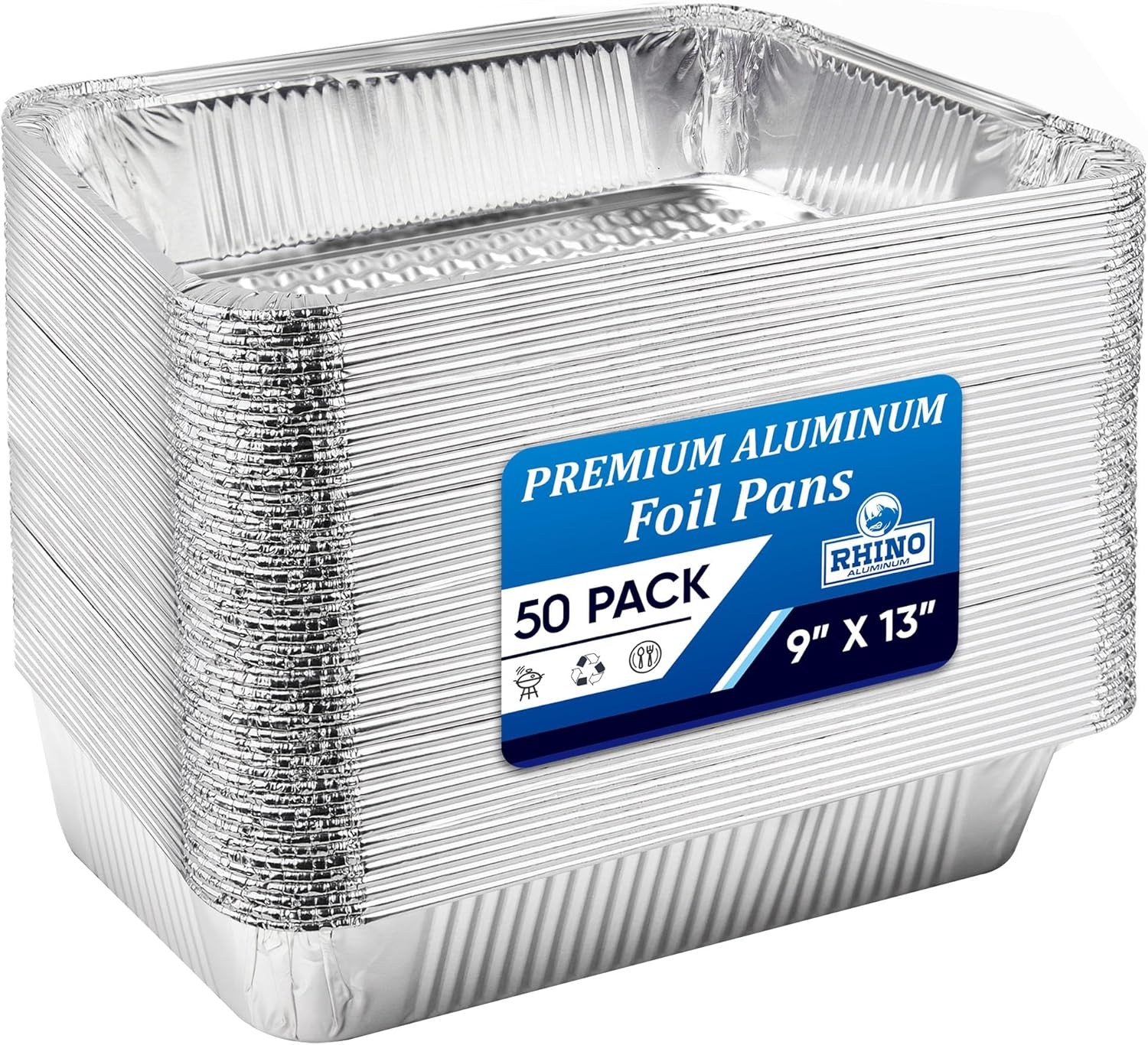 50 Pack of Rhino Aluminum Disposable Foil Pans - 9x13 Heavy Duty Deep Baking Trays for Cooking, Roasting, Grilling, and Food Prep