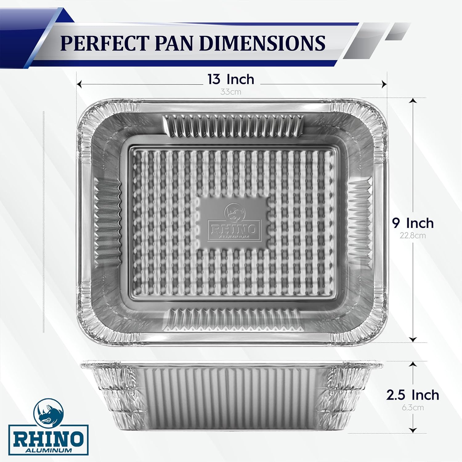 50 Pack of Rhino Aluminum Disposable Foil Pans - 9x13 Heavy Duty Deep Baking Trays for Cooking, Roasting, Grilling, and Food Prep