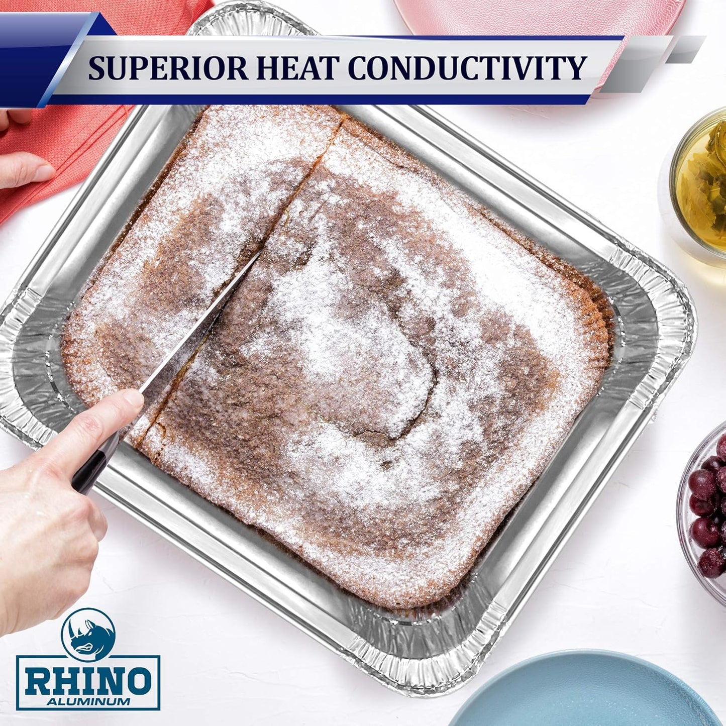 50 Pack of Rhino Aluminum Disposable Foil Pans - 9x13 Heavy Duty Deep Baking Trays for Cooking, Roasting, Grilling, and Food Prep