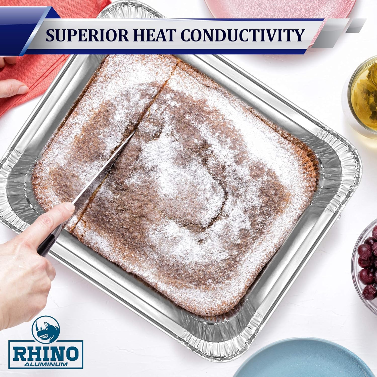 50 Pack of Rhino Aluminum Disposable Foil Pans - 9x13 Heavy Duty Deep Baking Trays for Cooking, Roasting, Grilling, and Food Prep