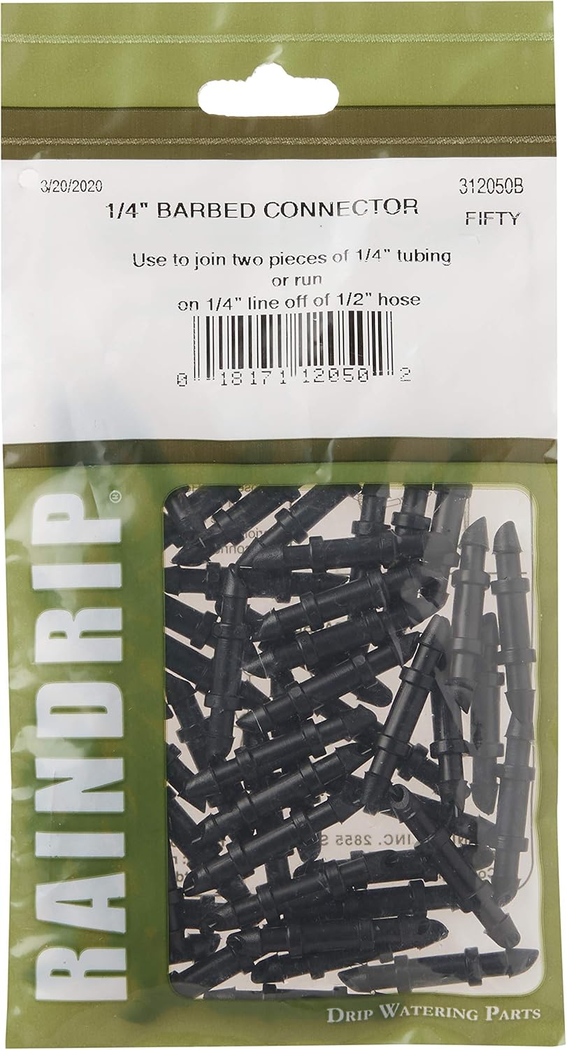 50 Pack Raindrip 312050B Single Barbed Coupling Connectors for 1/4-Inch Drip Irrigation - Ideal for Trees and Shrubs