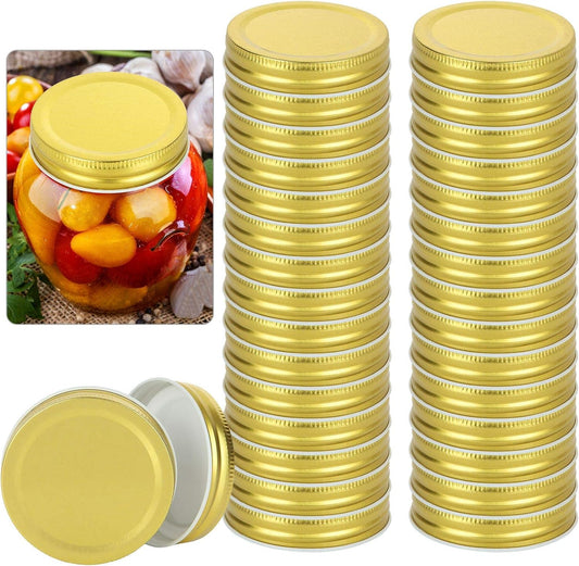 50-Pack Regular Mouth Mason Jar Lids - Reusable Metal Caps for Canning Jars - Leak Proof Storage Covers (Gold)