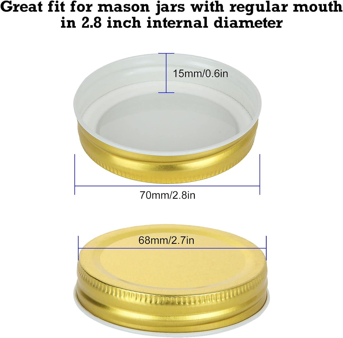50-Pack Regular Mouth Mason Jar Lids - Reusable Metal Caps for Canning Jars - Leak Proof Storage Covers (Gold)