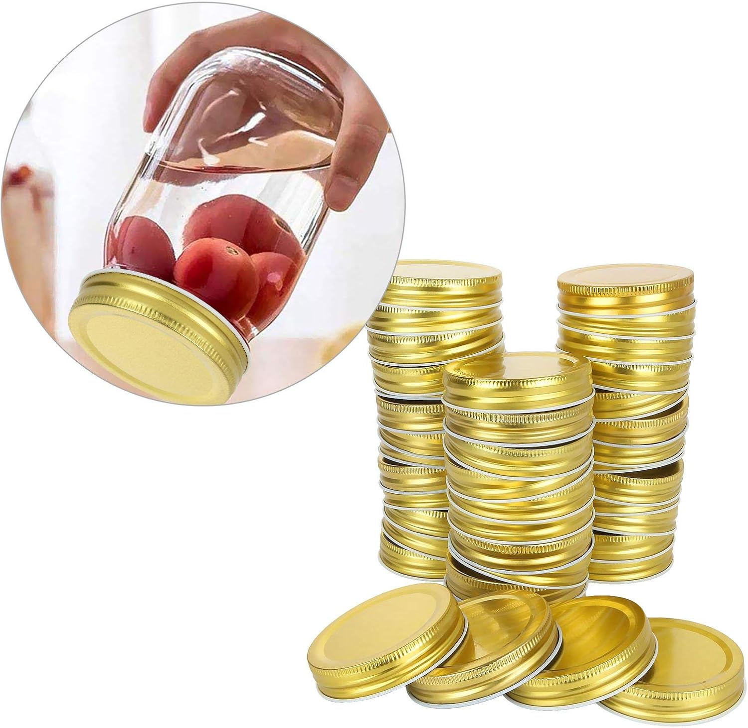 50-Pack Regular Mouth Mason Jar Lids - Reusable Metal Caps for Canning Jars - Leak Proof Storage Covers (Gold)
