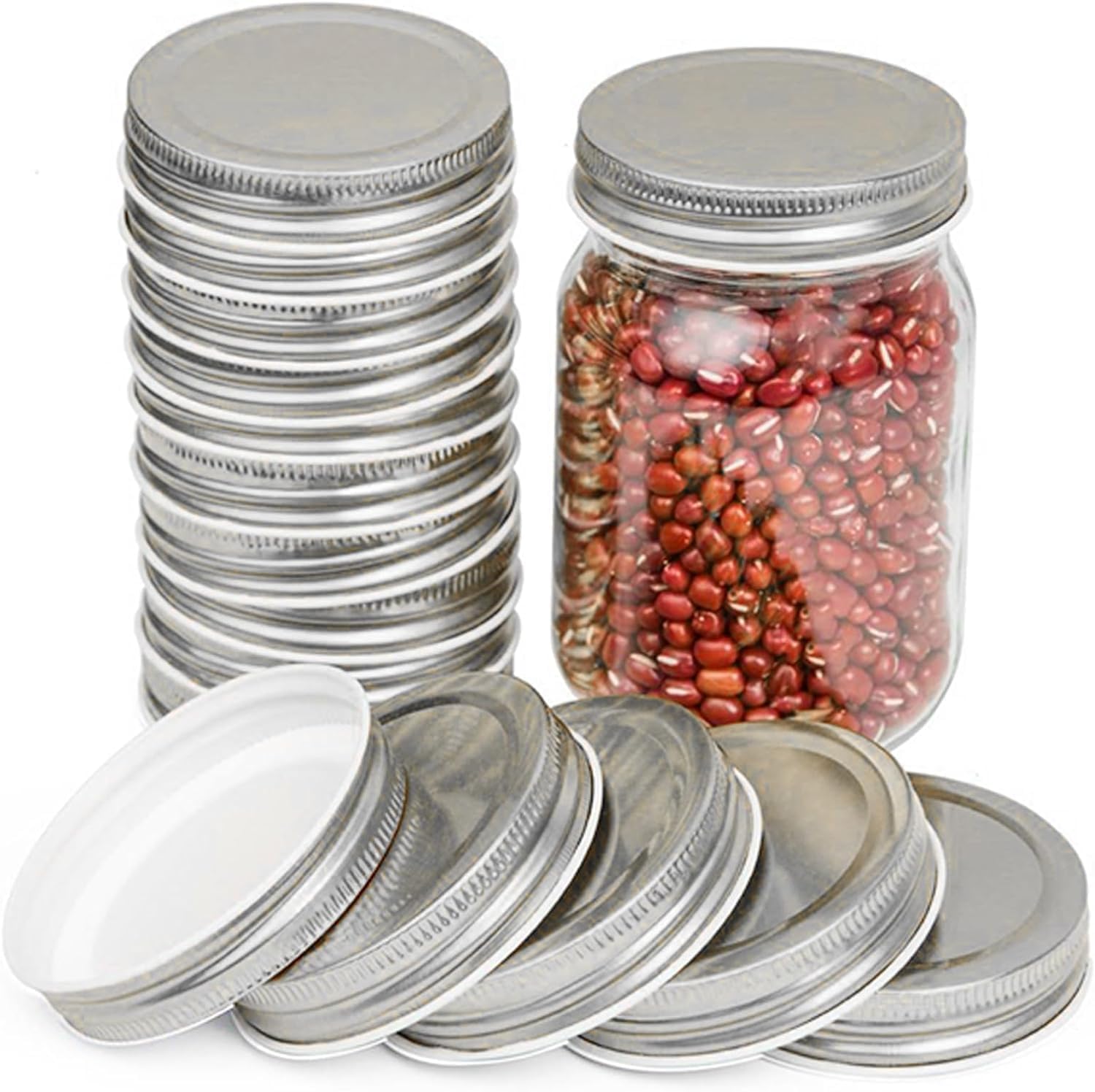 50 Pack Wide Mouth Mason Jar Lids for Large Mouth Jars - Leak Proof, Airtight Seal, 86mm Silver Metal Can Lids