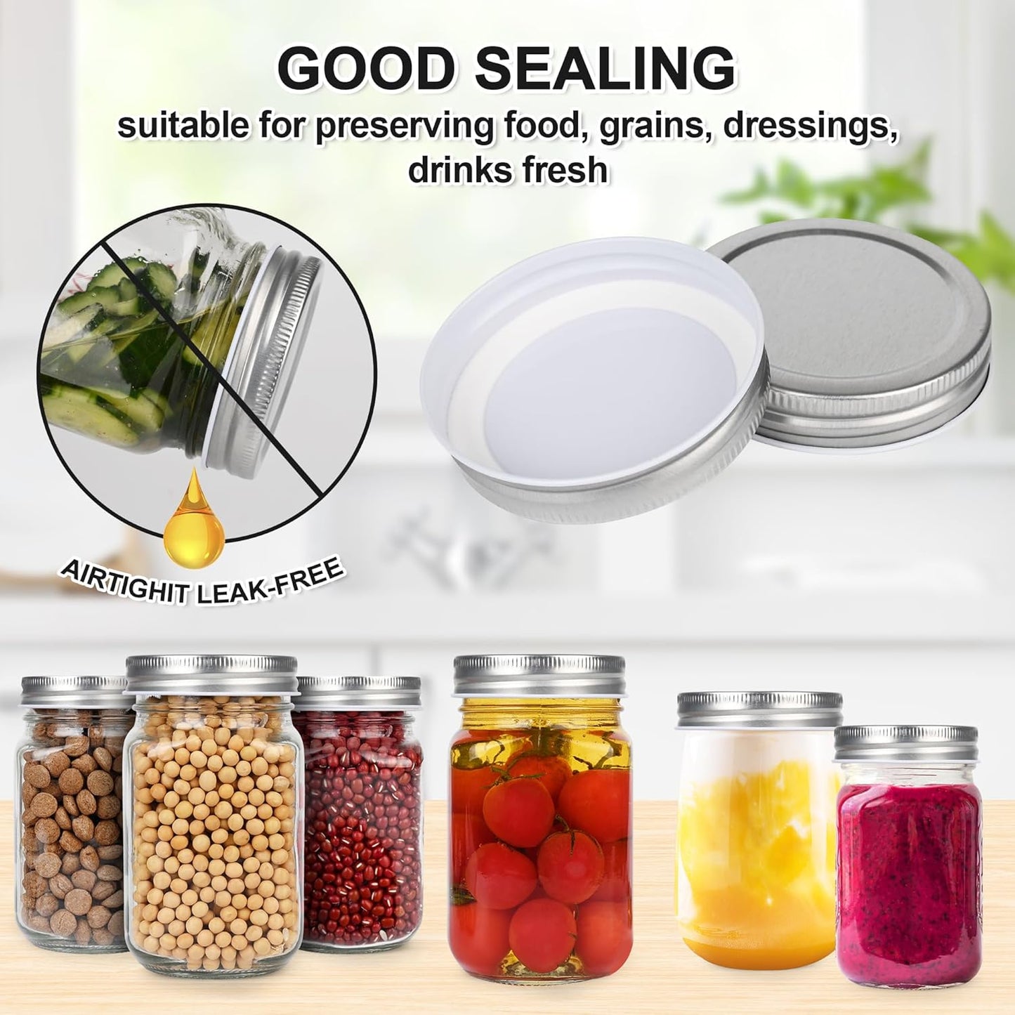 50 Pack Wide Mouth Mason Jar Lids for Large Mouth Jars - Leak Proof, Airtight Seal, 86mm Silver Metal Can Lids
