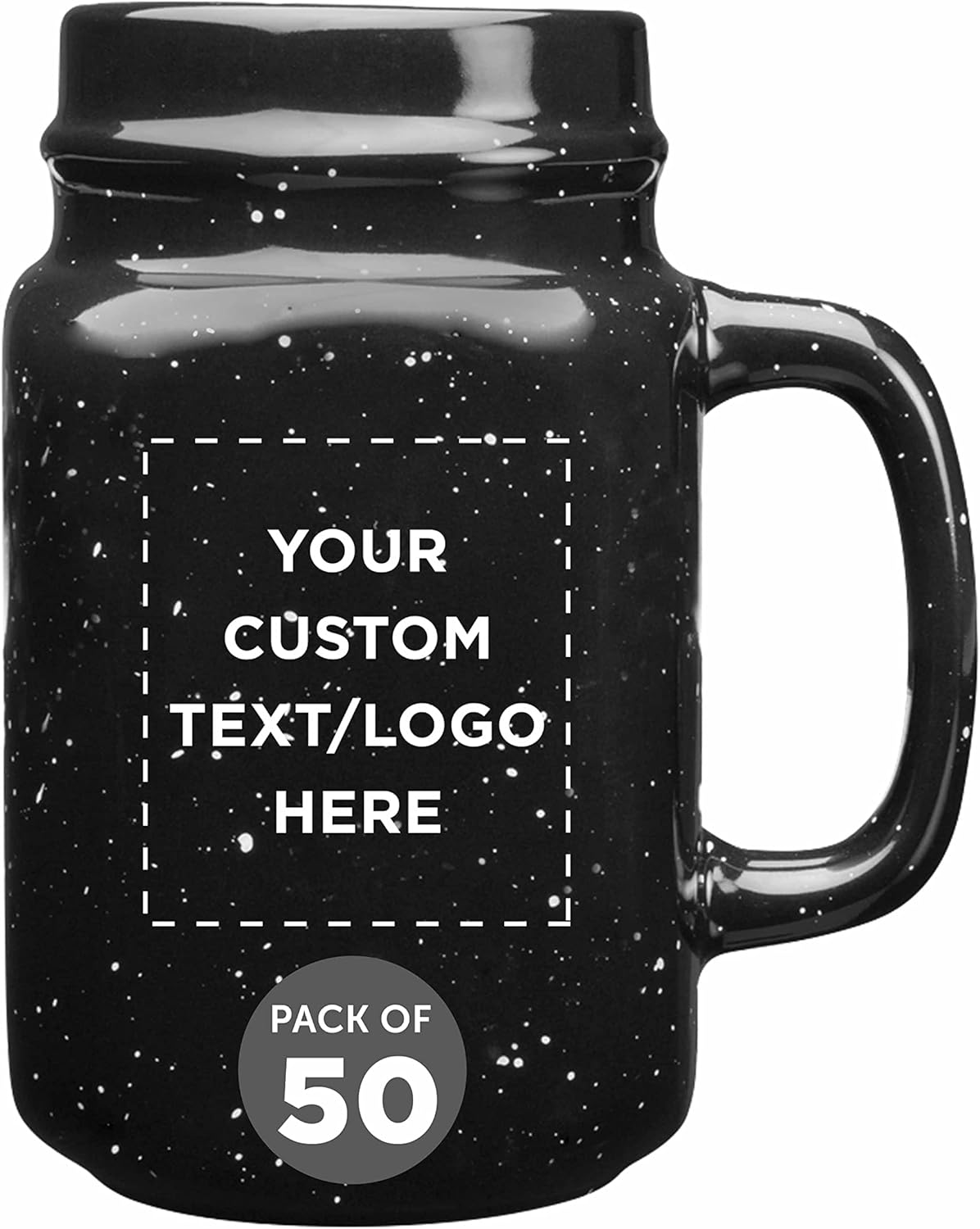 50-Piece Set of 16 oz Savannah Speckle Ceramic Mason Jars - Customizable with Text & Logo - Durable Stoneware, C-Handle - Black Color Discount Promos