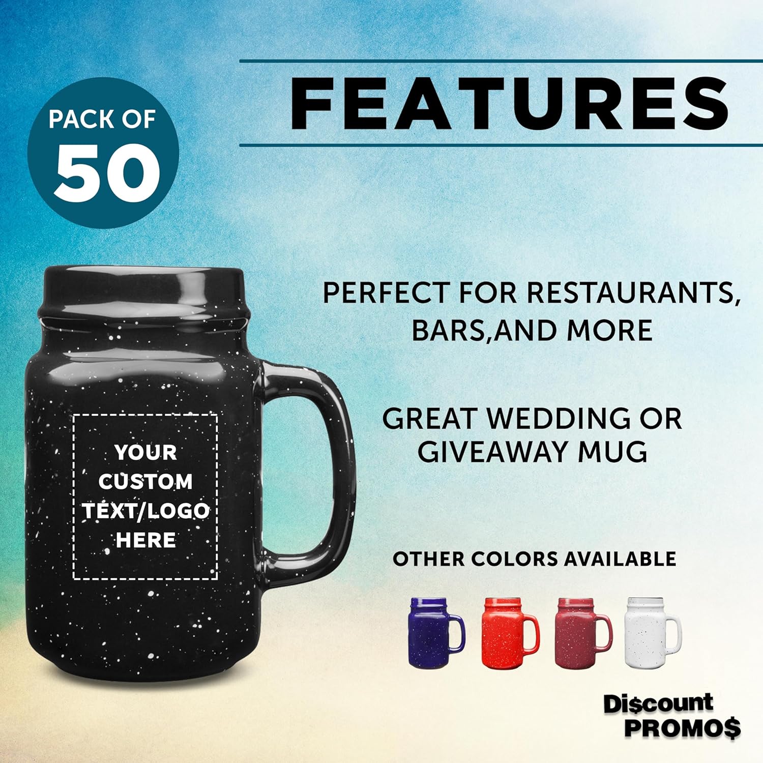 50-Piece Set of 16 oz Savannah Speckle Ceramic Mason Jars - Customizable with Text & Logo - Durable Stoneware, C-Handle - Black Color Discount Promos