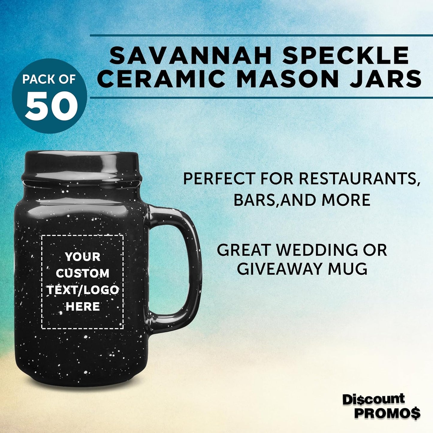 50-Piece Set of 16 oz Savannah Speckle Ceramic Mason Jars - Customizable with Text & Logo - Durable Stoneware, C-Handle - Black Color Discount Promos