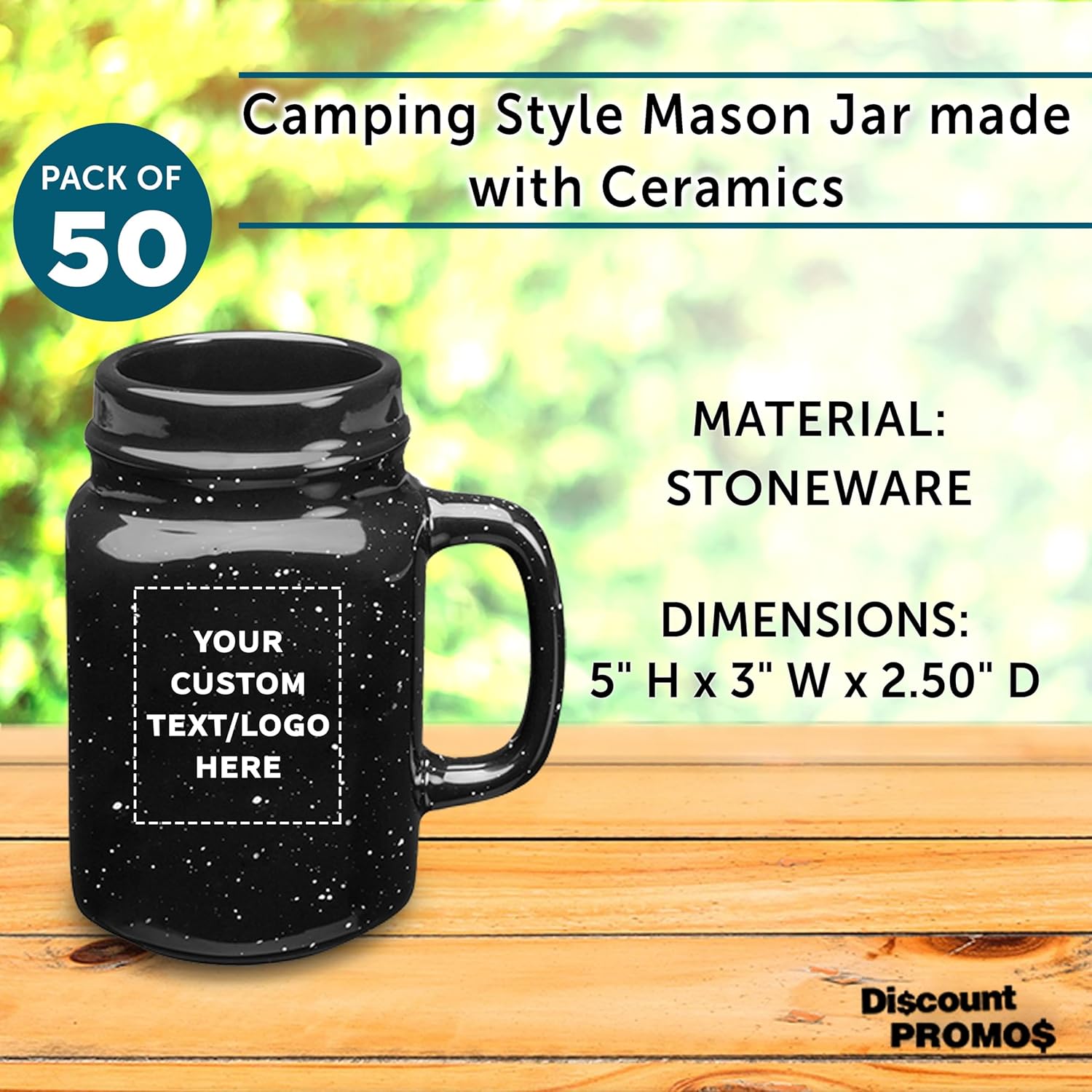 50-Piece Set of 16 oz Savannah Speckle Ceramic Mason Jars - Customizable with Text & Logo - Durable Stoneware, C-Handle - Black Color Discount Promos