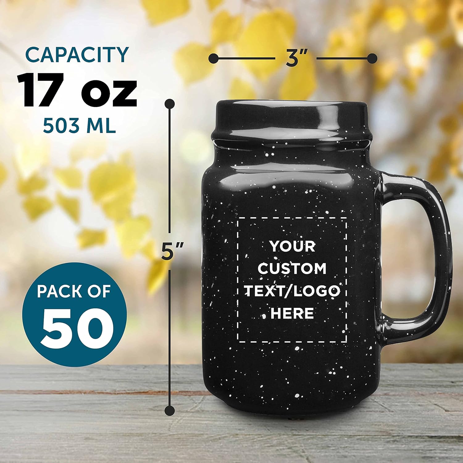 50-Piece Set of 16 oz Savannah Speckle Ceramic Mason Jars - Customizable with Text & Logo - Durable Stoneware, C-Handle - Black Color Discount Promos