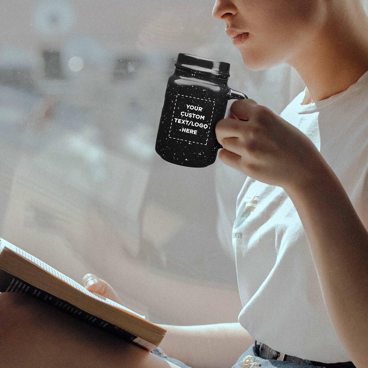 50-Piece Set of 16 oz Savannah Speckle Ceramic Mason Jars - Customizable with Text & Logo - Durable Stoneware, C-Handle - Black Color Discount Promos