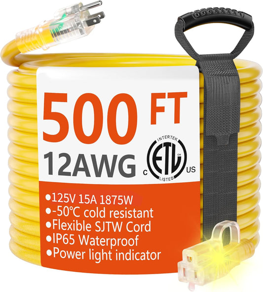 500 ft Heavy Duty Outdoor Extension Cord Waterproof 12/3 Gauge with Lighted End - Cold-Resistant 3 Prong Electric Cord Outside - 15Amp 1875W 12AWG SJTW - Yellow ETL Listed