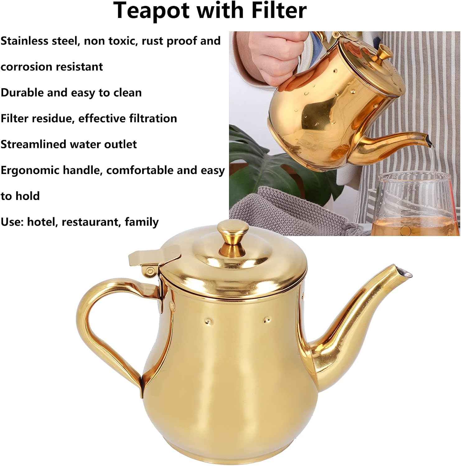 500 ML Stainless Steel Teapot with Gooseneck Spout and Removable Infuser - Modern Oil Strainer Pot for Home, Kitchen, Hotel, Restaurant - Gold Color