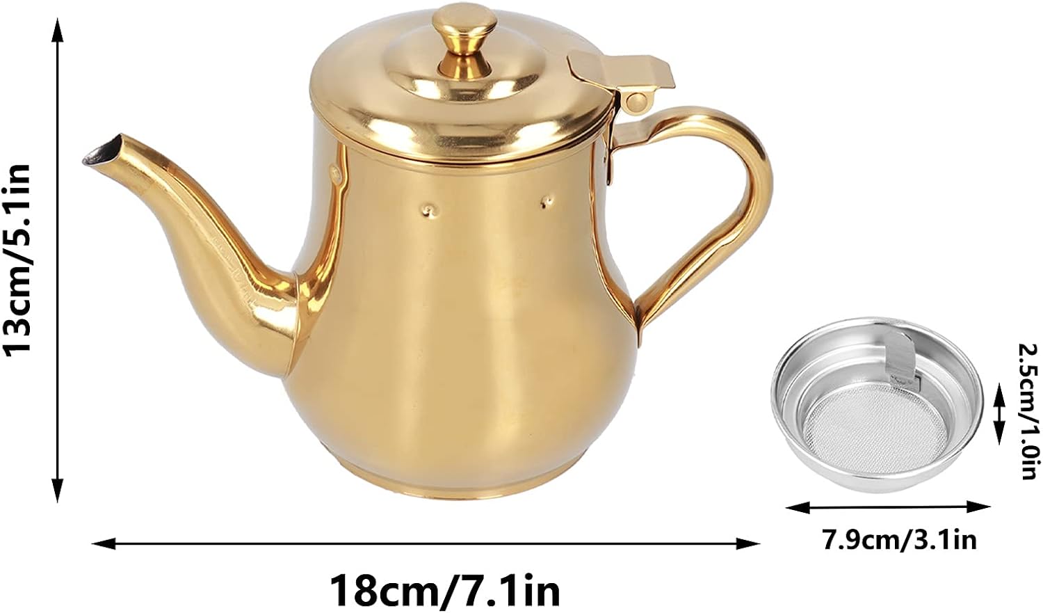 500 ML Stainless Steel Teapot with Gooseneck Spout and Removable Infuser - Modern Oil Strainer Pot for Home, Kitchen, Hotel, Restaurant - Gold Color