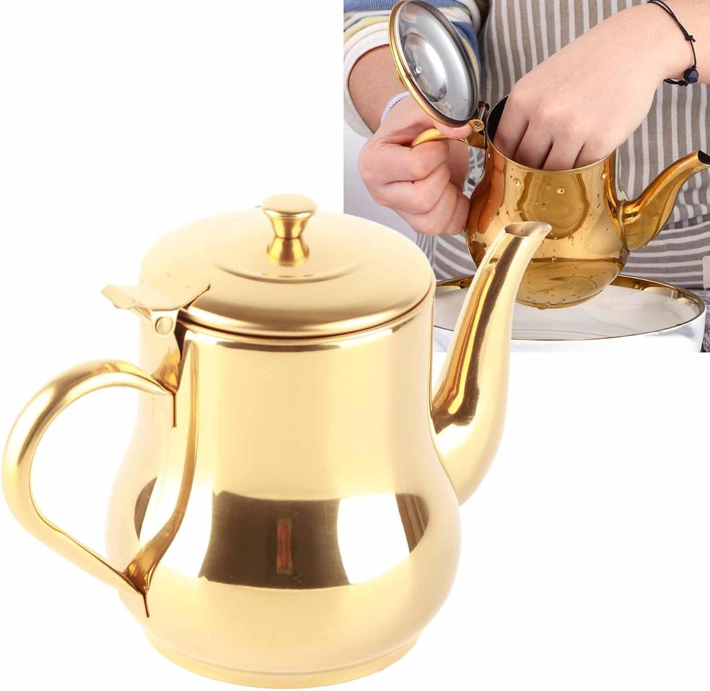 500 ML Stainless Steel Teapot with Gooseneck Spout and Removable Infuser - Modern Oil Strainer Pot for Home, Kitchen, Hotel, Restaurant - Gold Color