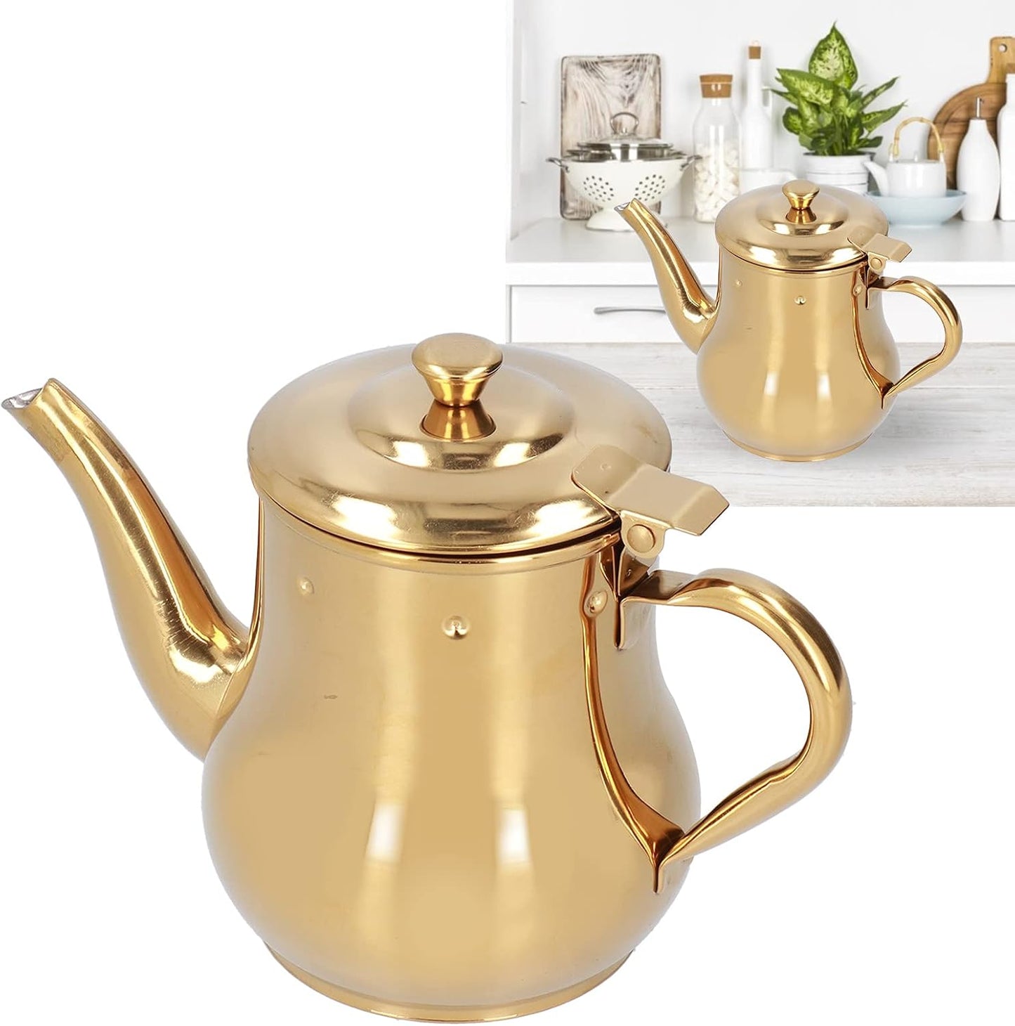 500 ML Stainless Steel Teapot with Gooseneck Spout and Removable Infuser - Modern Oil Strainer Pot for Home, Kitchen, Hotel, Restaurant - Gold Color
