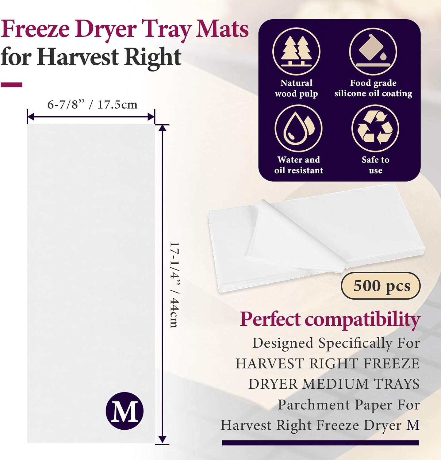 500 Pack Parchment Paper Sheets for Harvest Right Freeze Dryer - Medium Tray Accessories - White 17" x 6.8