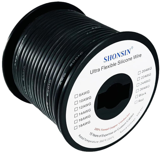 50FT Black Shonsin 12 AWG Silicone Wire Spool - Flexible 12 Gauge Automotive Wire with Tinned Stranded Copper - High Temp Rating 392℉ - 36 Amp 600V