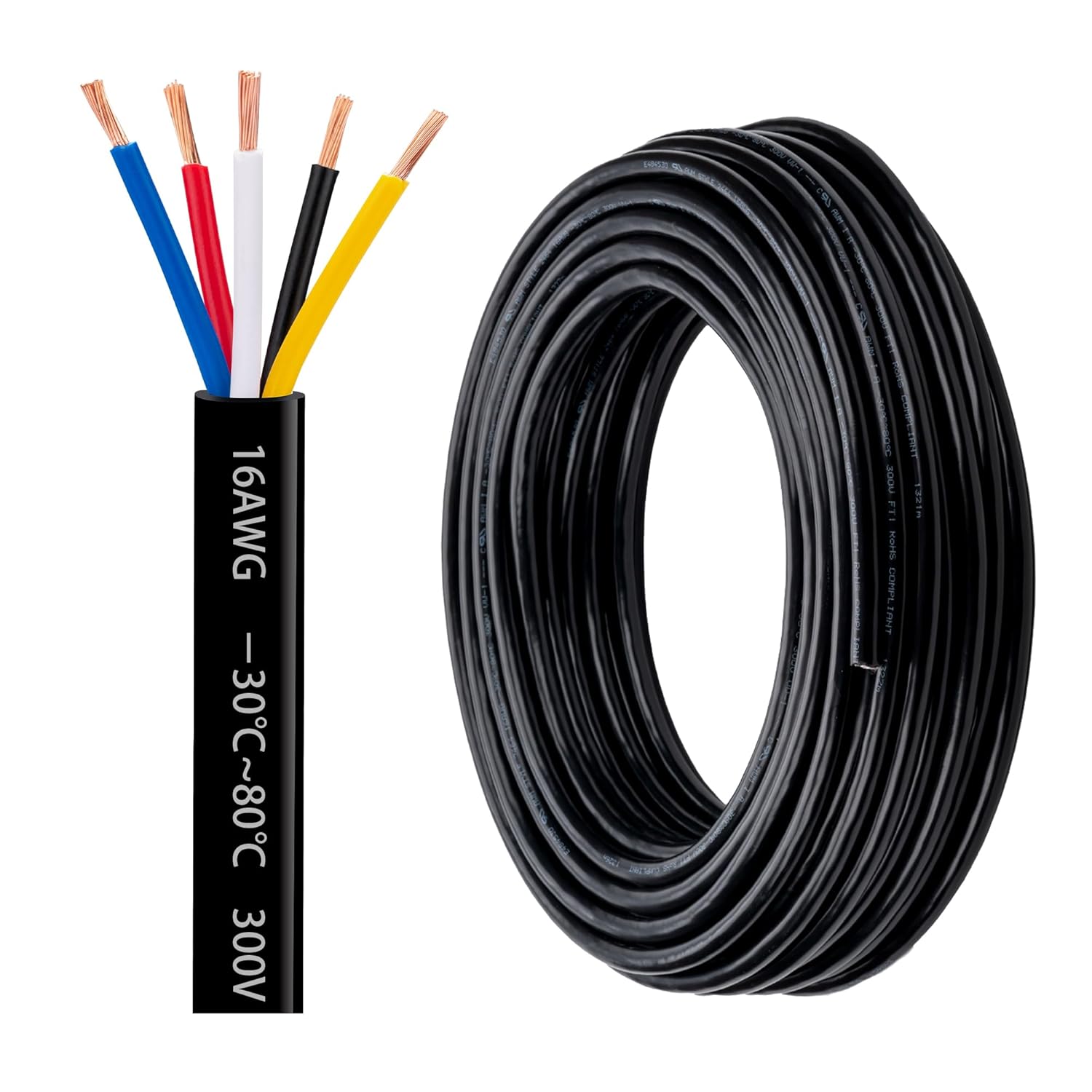 50FT Lesnlok 16 AWG 5 Conductor Stranded PVC Cord Copper Cable - Heavy Duty Pure Copper Automotive Wire - 5 Core Way Trailer Wire