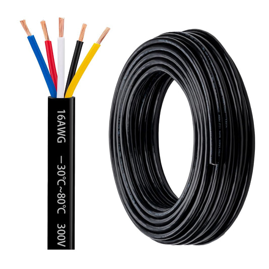 50FT Lesnlok 16 AWG 5 Conductor Stranded PVC Cord Copper Cable - Heavy Duty Pure Copper Automotive Wire - 5 Core Way Trailer Wire