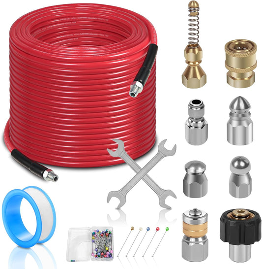 50FT Sewer Jetter Kit for Pressure Washer - 5800PSI Drain Cleaner Hose with Rotating Nozzles