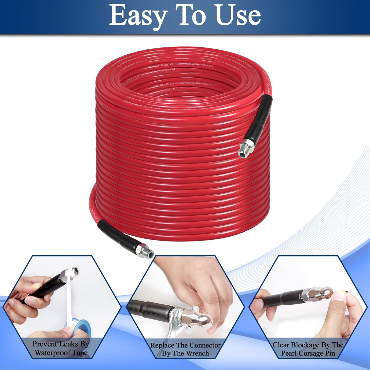 50FT Sewer Jetter Kit for Pressure Washer - 5800PSI Drain Cleaner Hose with Rotating Nozzles