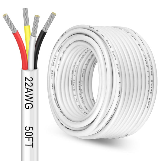 50FT YOEPLAVSE 22AWG 4 Conductor Electrical Wire - Stranded Tinned Copper Cable for Security Alarm, Access Control, Automotive - Low Voltage White Wire