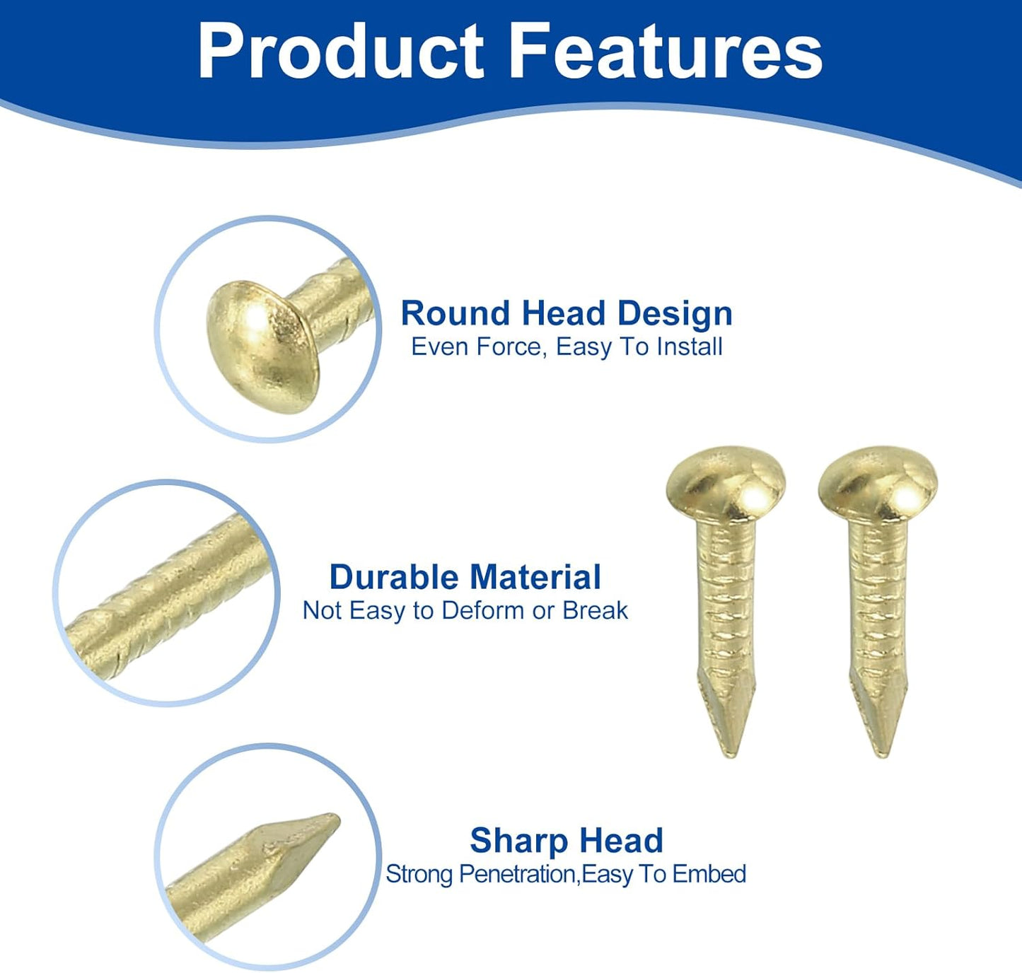 50Pcs Brass Round Head Nails 1.5x10mm for Woodworking & DIY Projects - Gold Finish