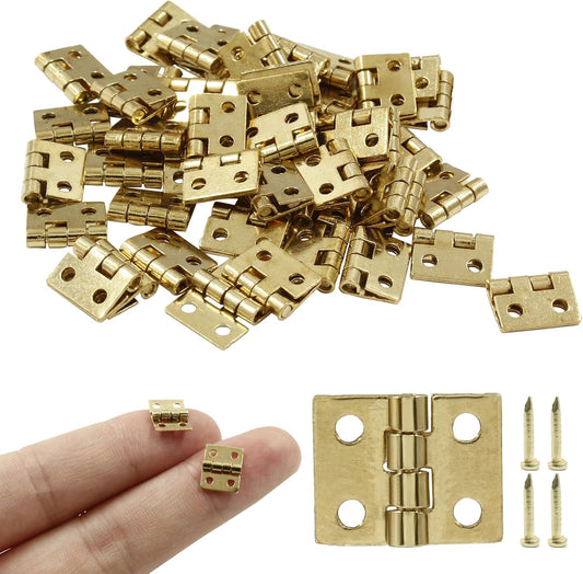 50Pcs Small Brass Butt Hinges for Mini Cabinet Jewelry Wooden Box - Gold Mini Hinges with Mounting Screws - Doll House DIY Hinges