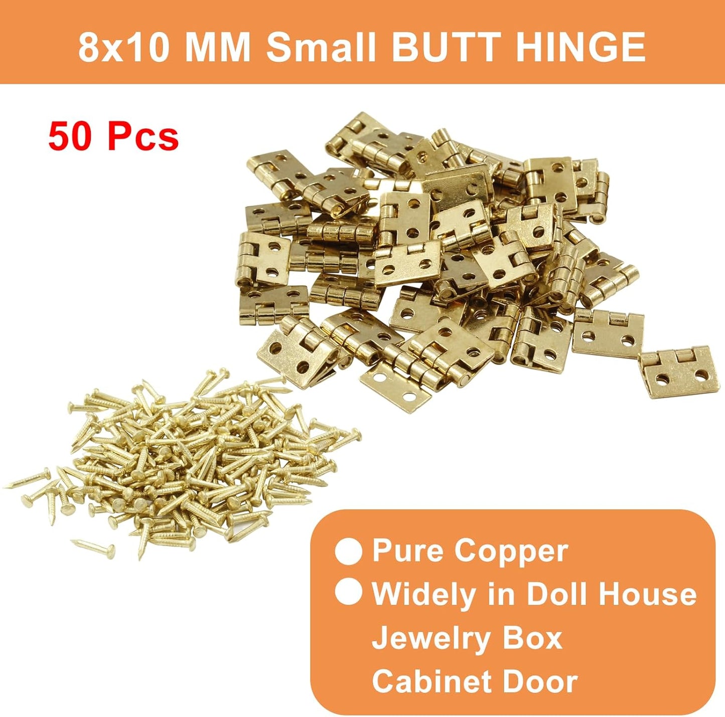 50Pcs Small Brass Butt Hinges for Mini Cabinet Jewelry Wooden Box - Gold Mini Hinges with Mounting Screws - Doll House DIY Hinges