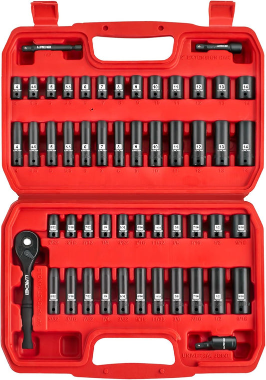 52-Piece 1/4" Drive Impact Socket Set with 72-Tooth Ratchet & Adapter - Metric/SAE Storage Kit for Automotive Repair